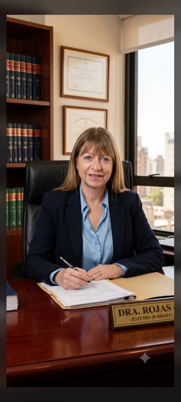 La Dra. Rojas trabajando en su despacho, rodeada de su biblioteca jurídica y sus diplomas.